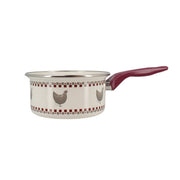 Casserole Gallina 18cm en acier émaillé Menastyl avec décor poules, manche bordeaux, vue de profil sur fond blanc