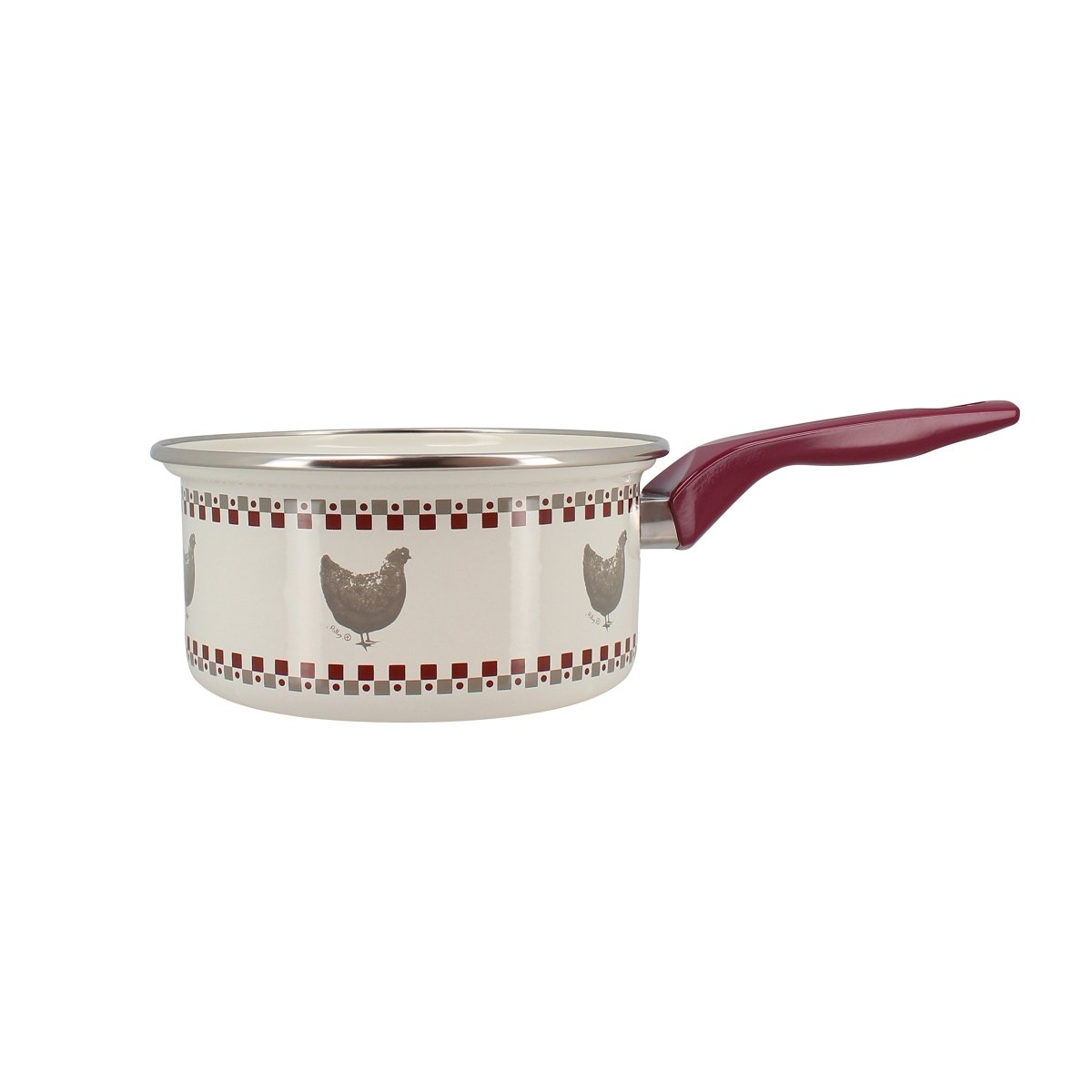 Casserole Gallina 18cm en acier émaillé Menastyl avec décor poules, manche bordeaux, vue de profil sur fond blanc
