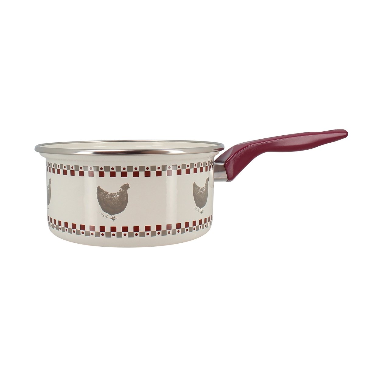 Casserole Gallina 20cm en acier émaillé avec motifs poules et manche bordeaux Menastyl, vue de profil
