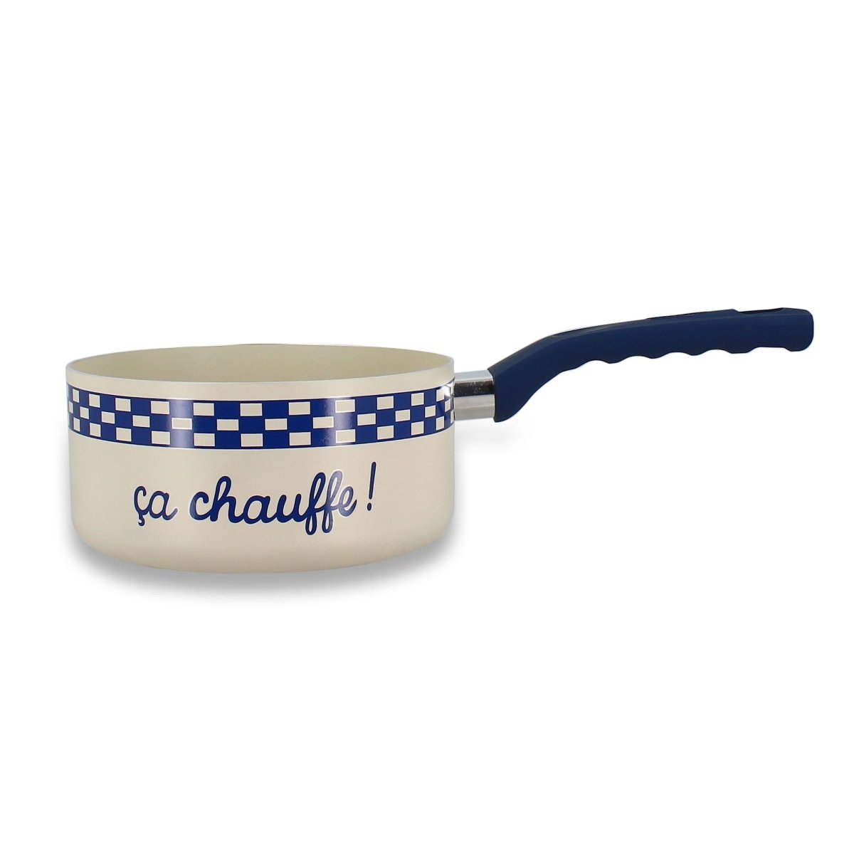 Casserole Ginette 18cm beige avec motif carreaux bleus et poignée ergonomique Menastyl, vue de profil sur fond blanc