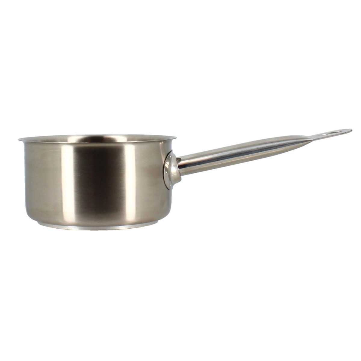 Casserole Professionnel 14cm en acier inoxydable Menastyl avec poignée tubulaire, vue de profil sur fond blanc