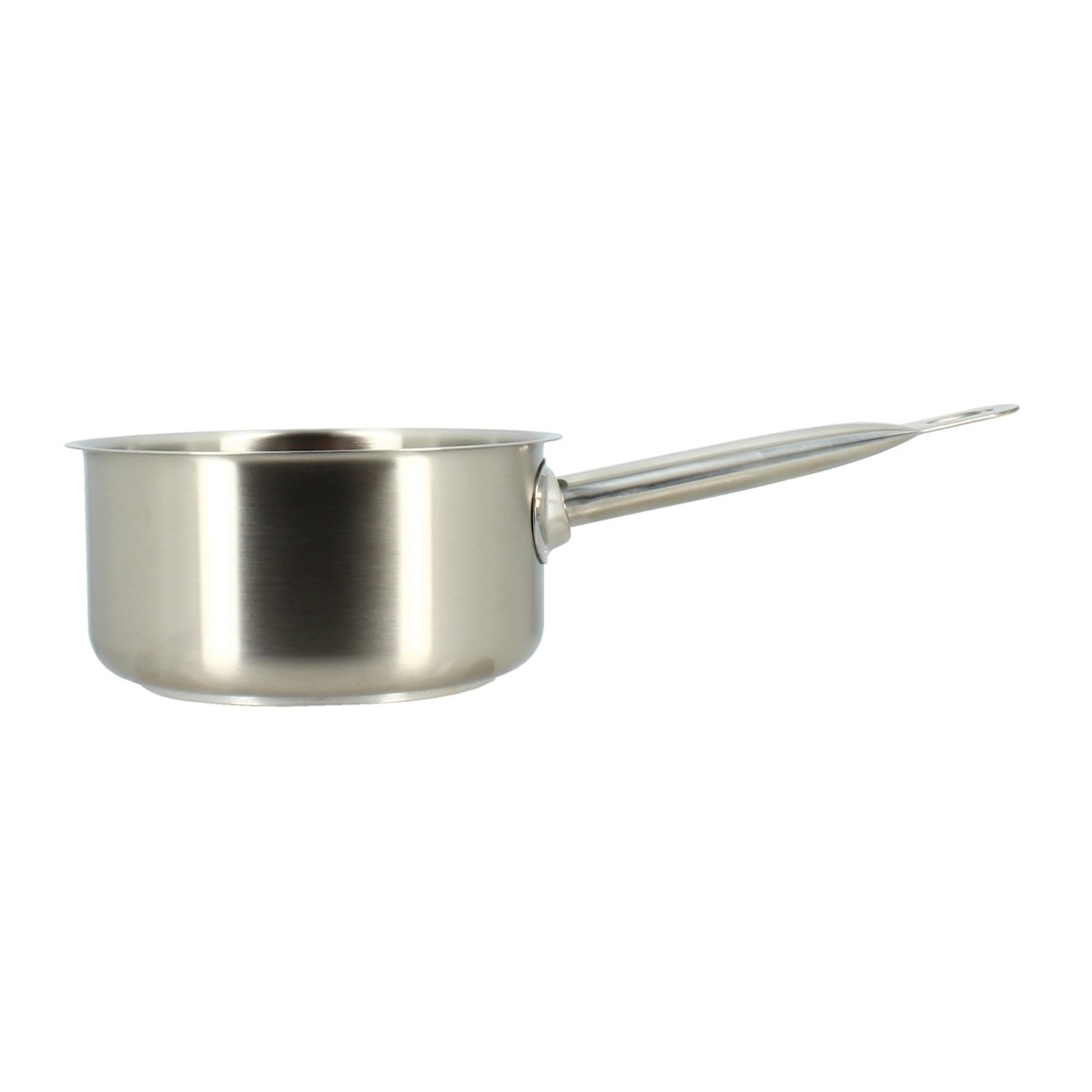 Casserole Professionnel 16 cm en acier inoxydable Menastyl avec poignée tubulaire, vue de profil sur fond blanc