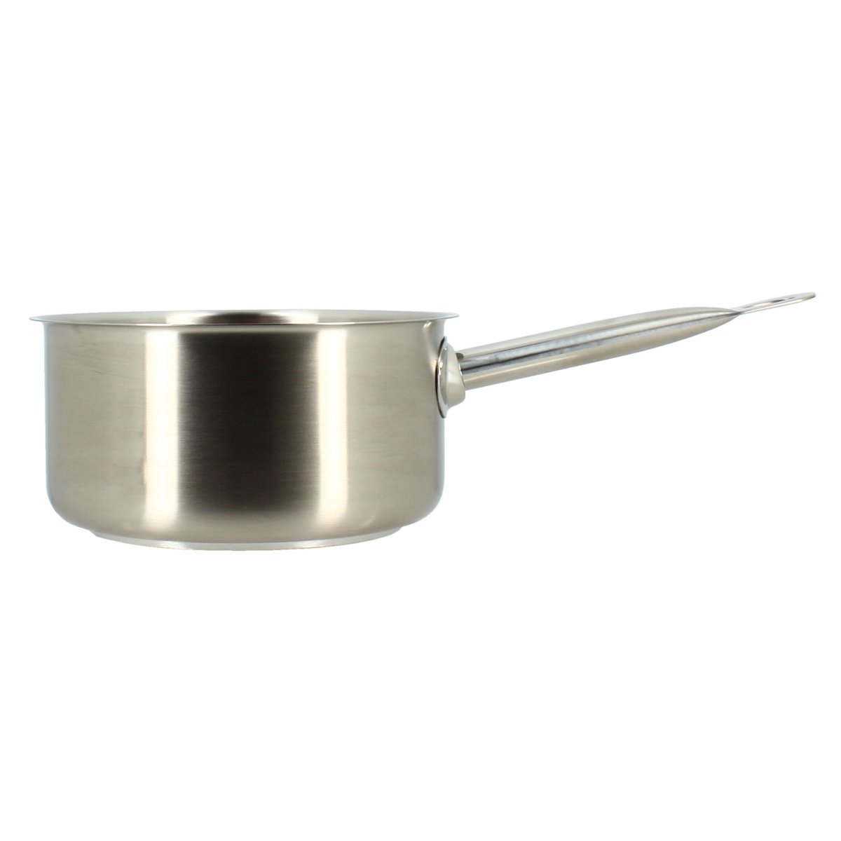 Casserole Professionnel 18cm en acier inoxydable Menastyl avec poignée tubulaire, vue de profil sur fond blanc