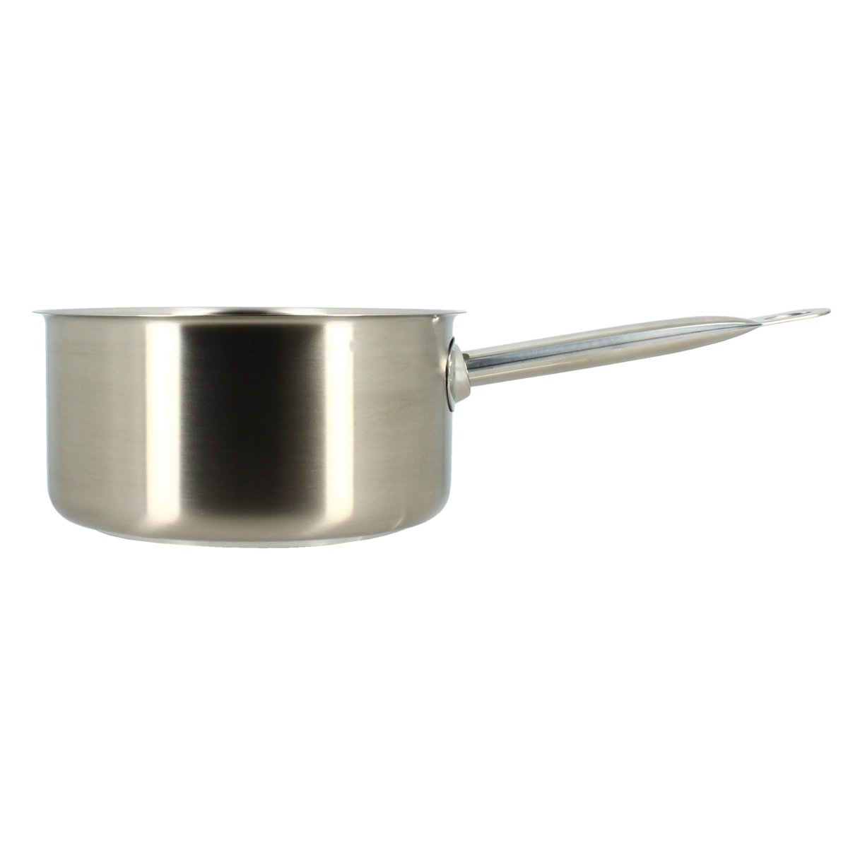 Casserole Professionnel 20cm en acier inoxydable Menastyl avec poignée tubulaire, vue latérale sur fond blanc