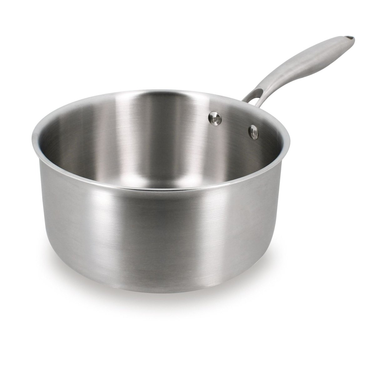Casserole Trinox 20cm en acier inoxydable triple couche Menastyl, vue trois-quarts avec manche ergonomique