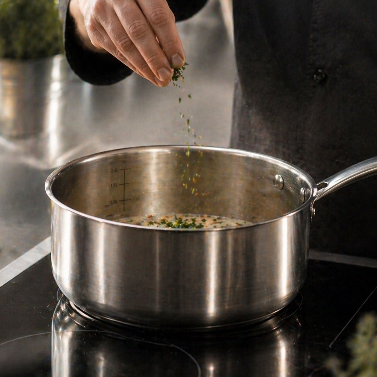 Main versant des herbes dans une casserole Triply en acier inoxydable pendant la cuisson d'une sauce