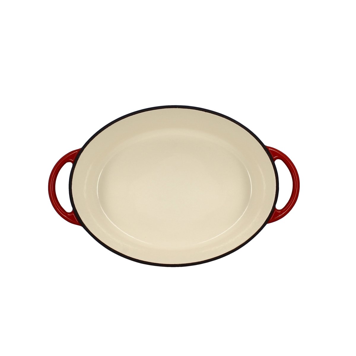 Cocotte ovale en fonte rouge 9 litres, vue intérieure email crème avec anses rouges