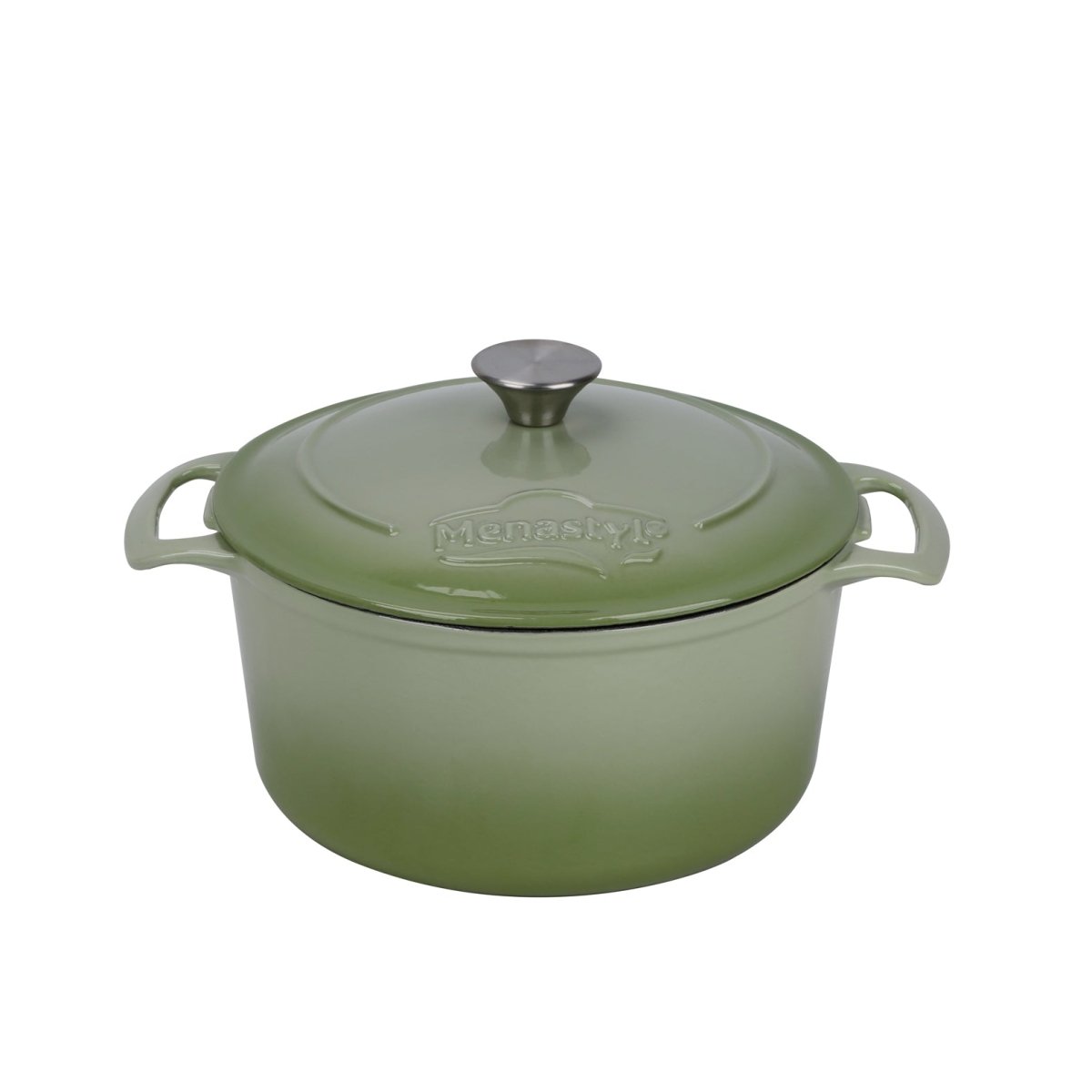 Cocotte ronde Colette 7 litres en fonte émaillée verte Menastyl avec couvercle et poignées latérales