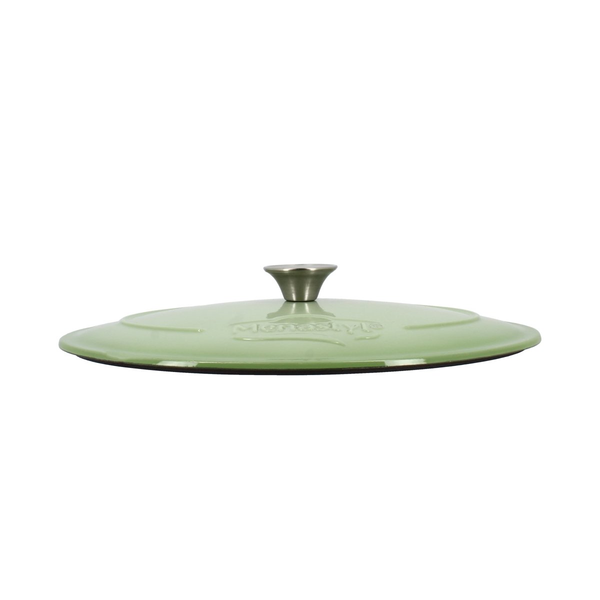 Couvercle vert en fonte émaillée de la cocotte Colette 7 litres, vue de profil avec pommeau inox