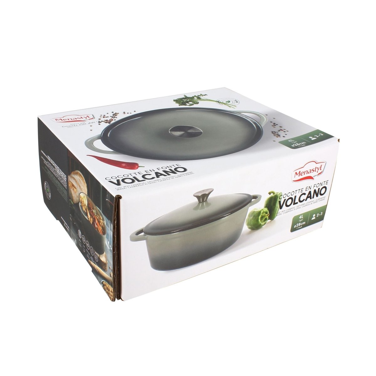 Packaging de la cocotte en fonte ovale Volcano 4L verte 28cm, vue de trois quarts sur fond blanc