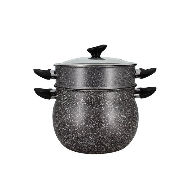 Couscoussier 9L Menastyl en aluminium noir marbré avec couvercle verre et panier vapeur empilés