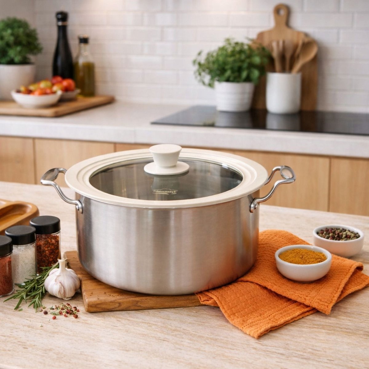 Couvercle universel en verre trempé avec bordure silicone blanche sur grande casserole inox dans cuisine moderne
