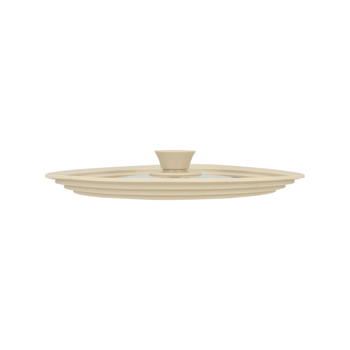 Couvercle universel multitaille en verre trempé beige, vue de profil avec poignée en silicone souple