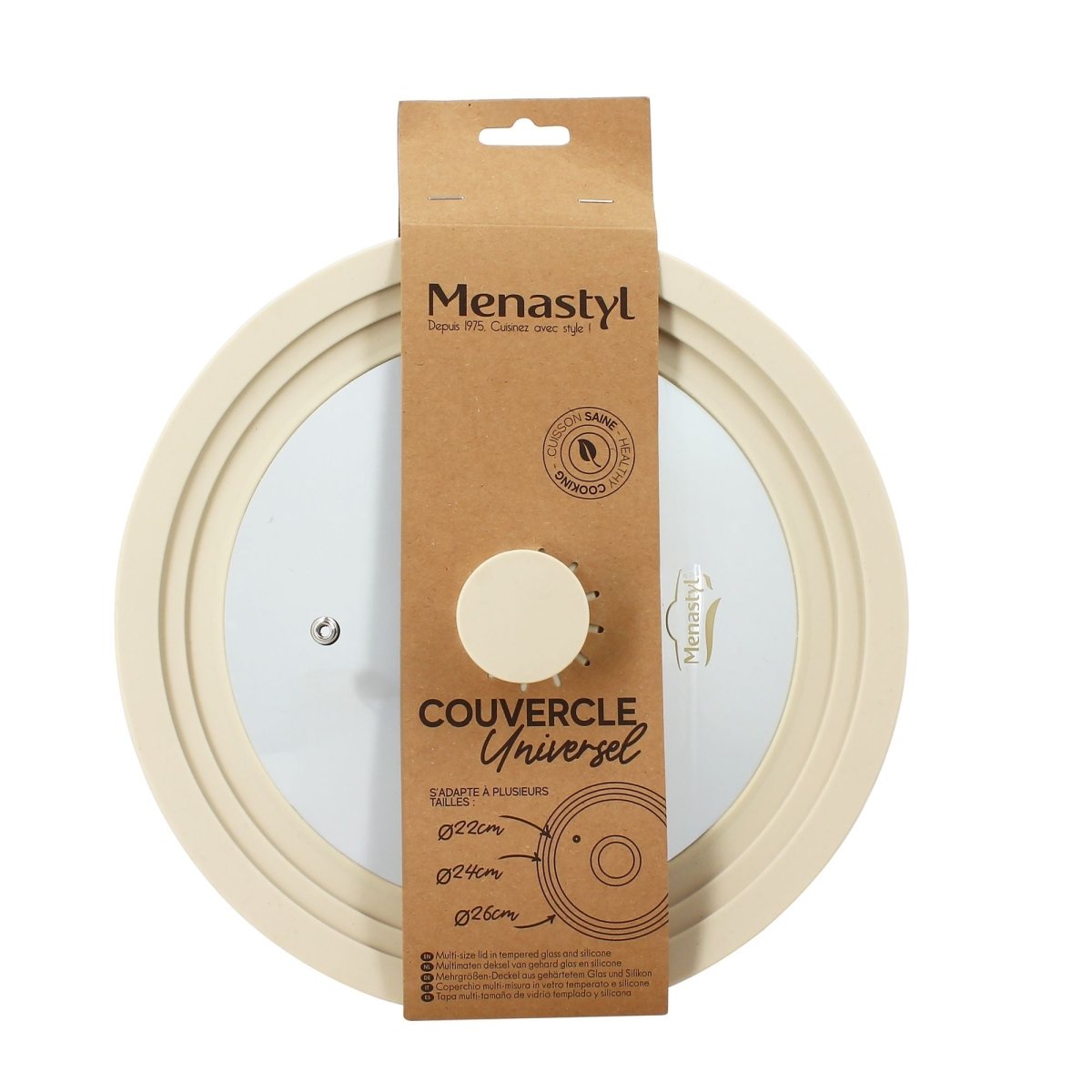 Couvercle universel multitaille en verre trempé et bordure silicone beige, emballage carton avec vue du produit complet
