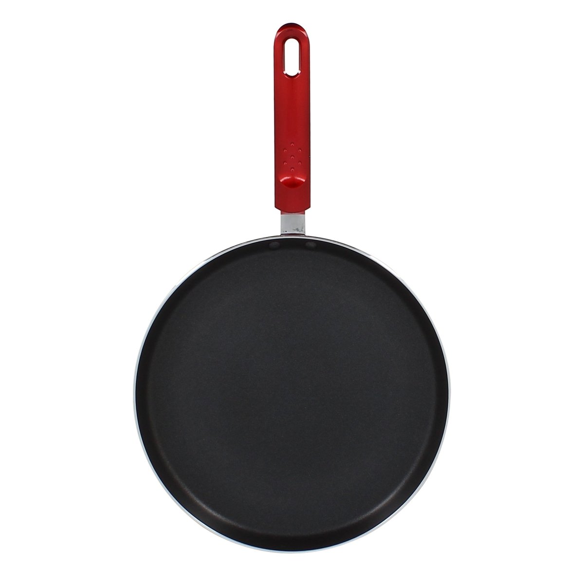 Vue de dessus crêpière Cerise 25 cm, surface noire antiadhésive et poignée rouge ergonomique