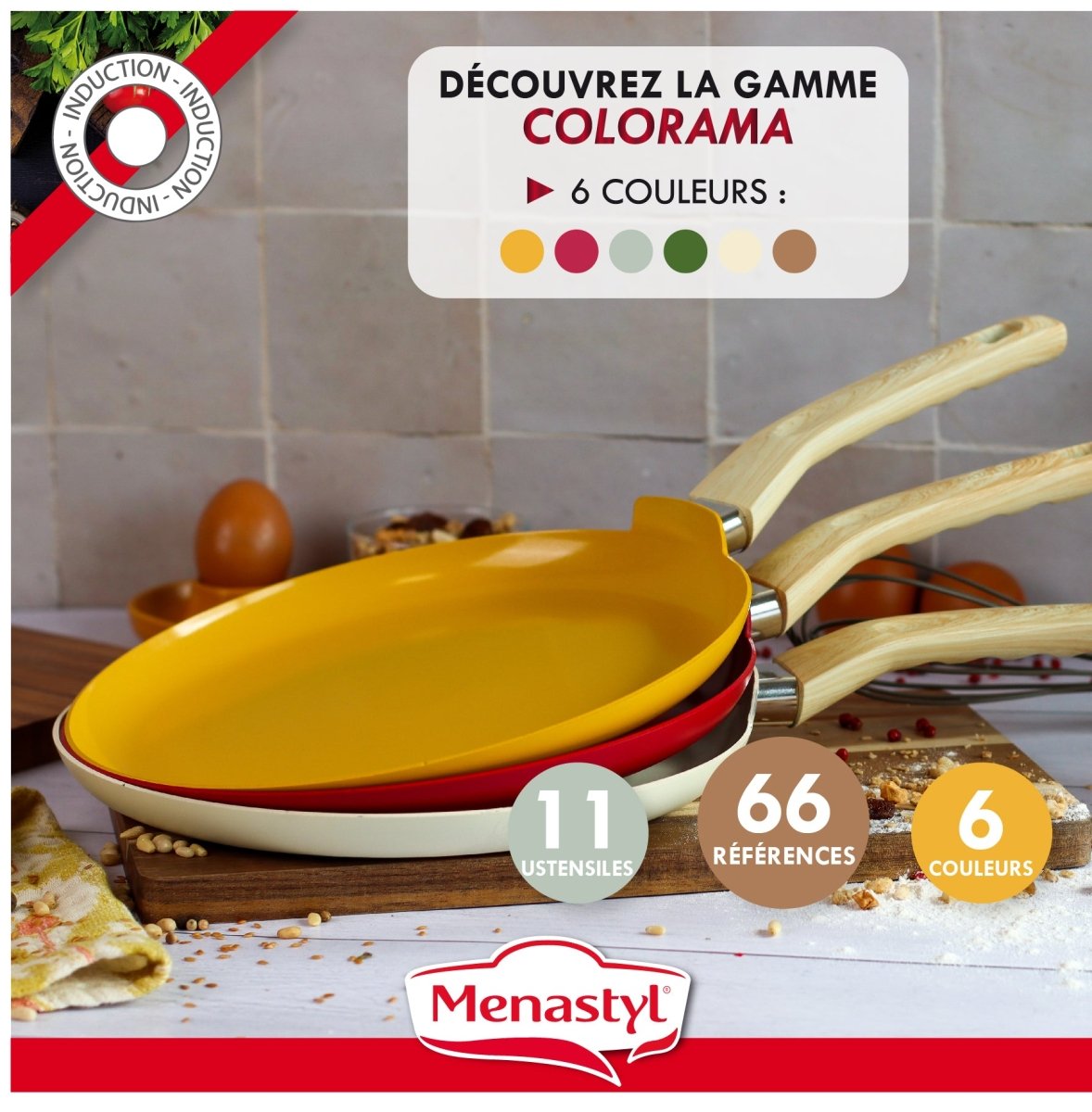 Crêpière Colorama 26 cm jaune, rouge et crème avec manches en bois, posée sur planche, cuisine moderne