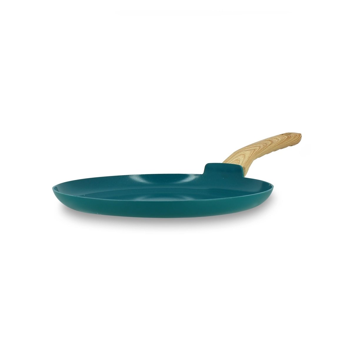 Crêpière Colorama 26 cm turquoise avec manche bois, vue latérale sur fond blanc