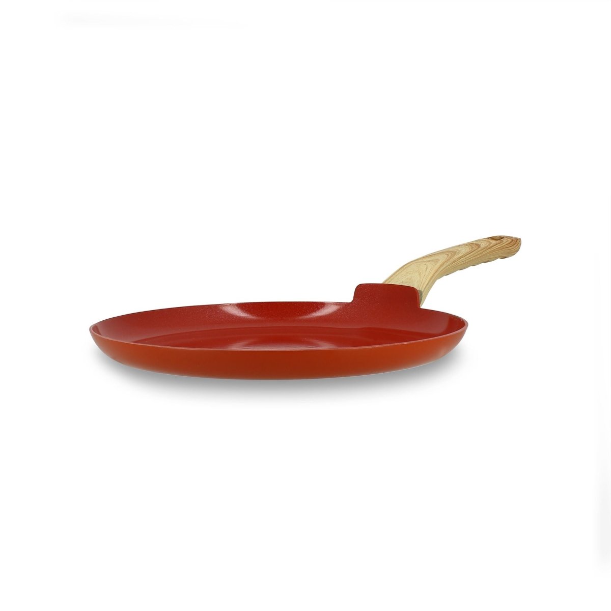 Crêpière Colorama 26 cm rouge terracotta avec manche bois, vue de profil sur fond blanc
