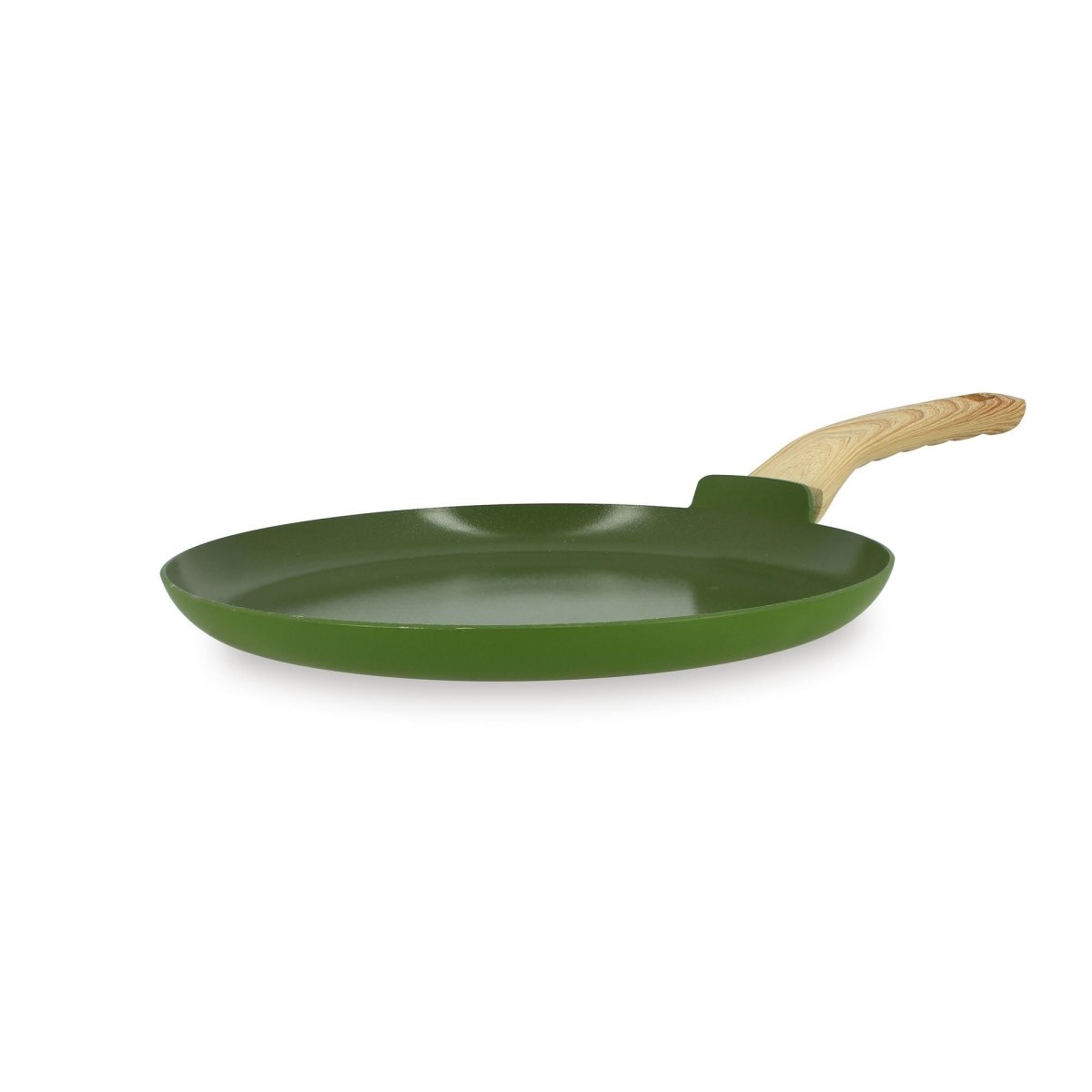 Crêpière Colorama 26 cm verte en aluminium avec manche bois, vue de trois-quarts sur fond blanc