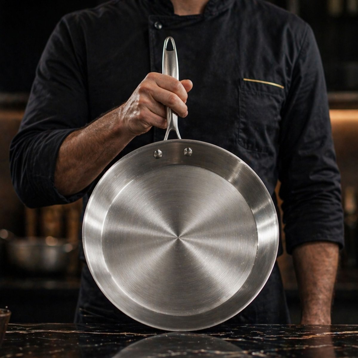 Chef en tenue noire tenant une crêpière Triply 28cm en inox triple couche, vue de face sur le manche