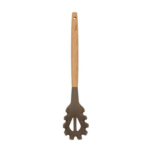 Cuillère à spaghettis Eliott Menastyl en silicone gris avec manche en bois clair, vue sur fond blanc
