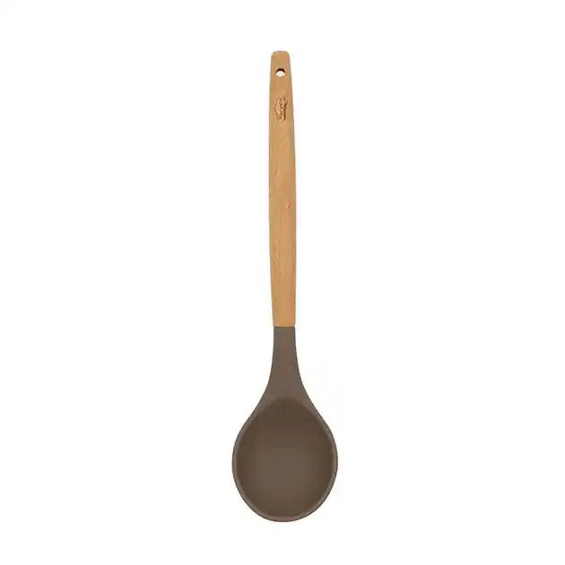 Cuillère Eliott Menastyl en silicone marron avec manche en bois naturel, vue complète sur fond blanc