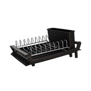 Égouttoir à vaisselle extensible Menastyl en polypropylène noir avec rack métallique et bac récupérateur, vue trois quarts