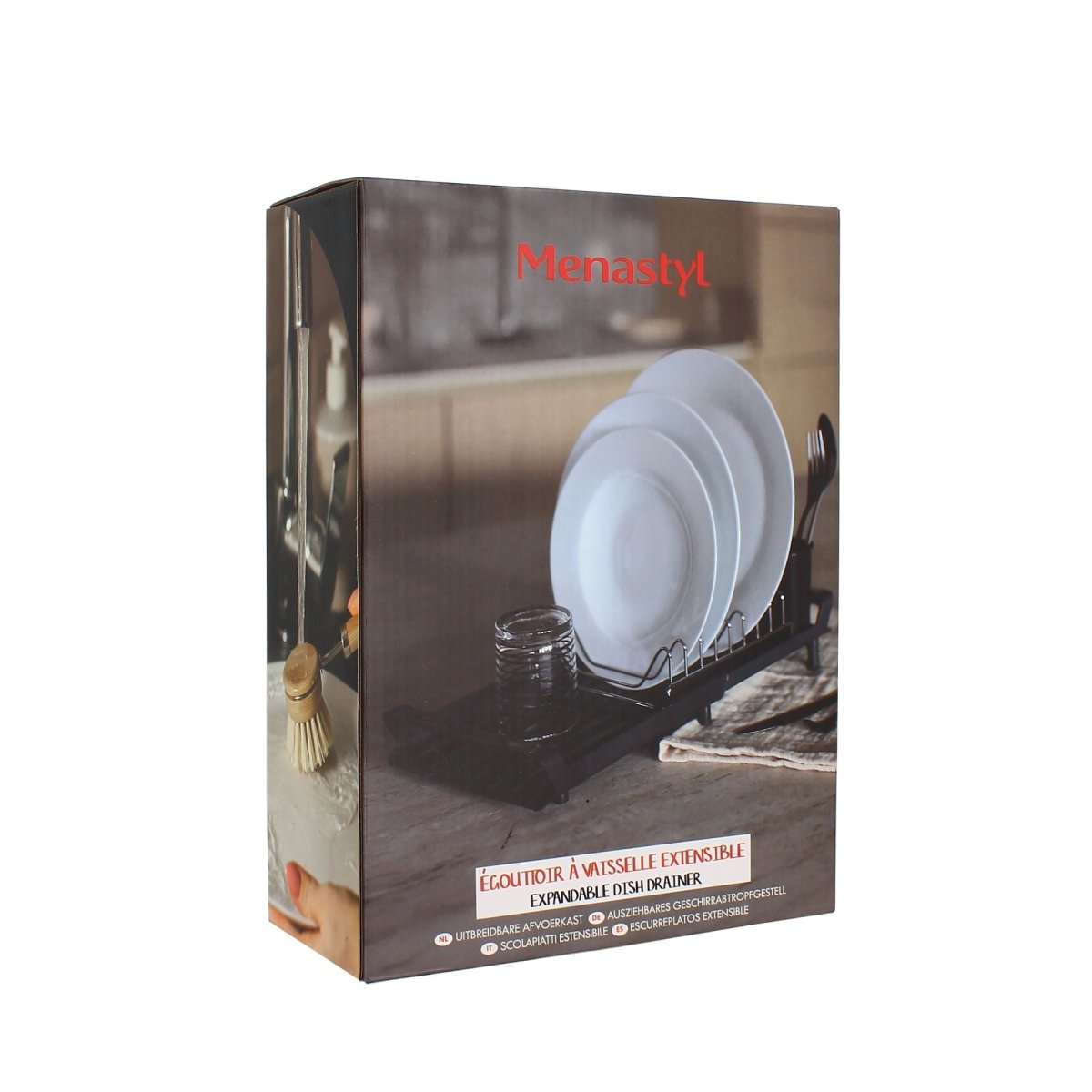 Emballage cartonné de l'égouttoir à vaisselle extensible noir avec visuel produit et vaisselle blanche