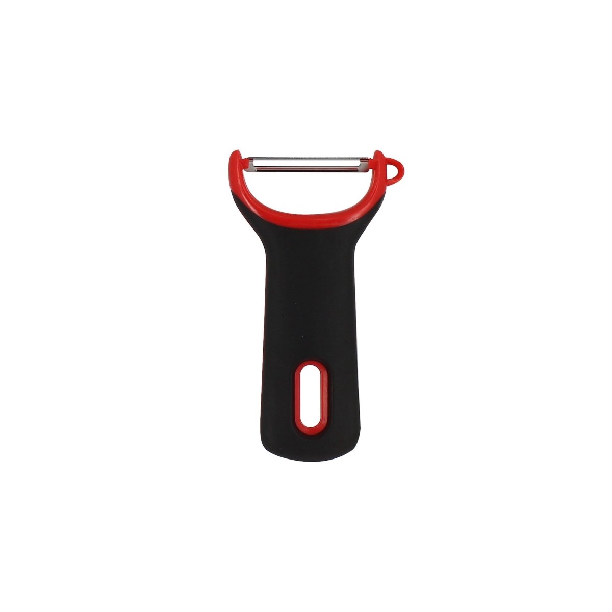 Éplucheur Menastyl en acier inoxydable avec manche ergonomique noir et rouge, vue de face sur fond blanc