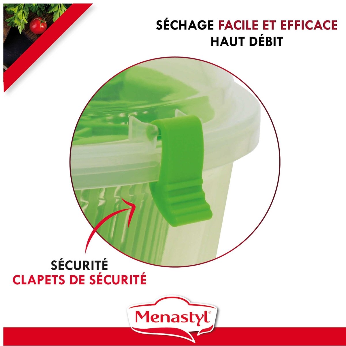 Gros plan sur le système de clapets de sécurité verts de l'essoreuse à salade, facilitant le séchage efficace
