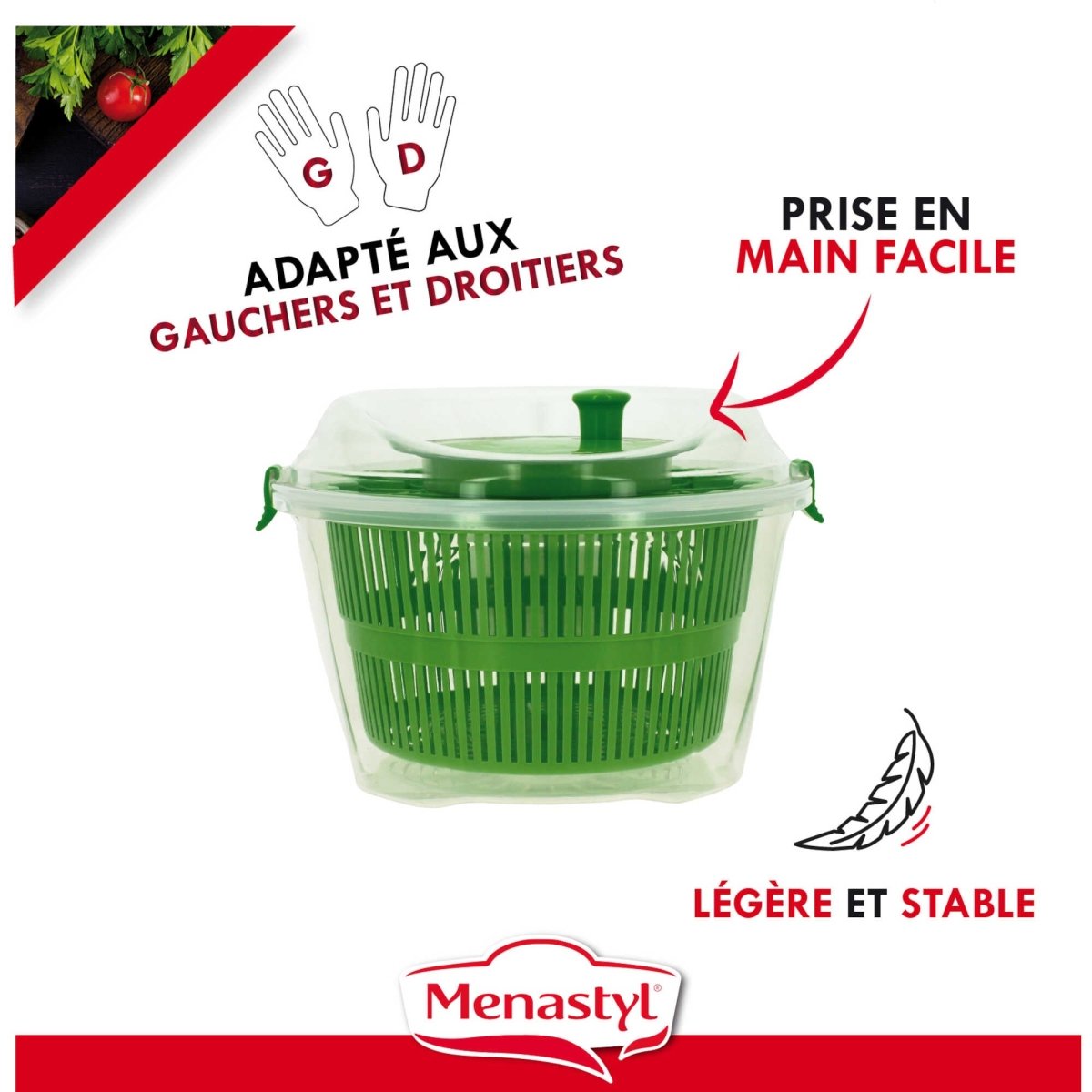 Essoreuse à salade verte 25cm avec panier ajouré et couvercle transparent, mise en avant des caractéristiques ergonomiques