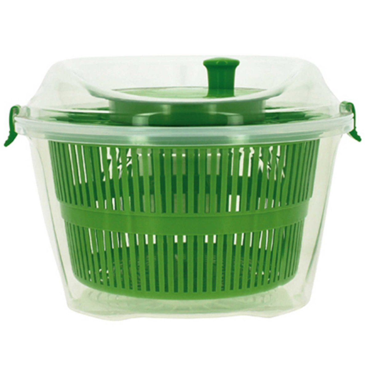 Essoreuse à salade Menastyl 25cm verte et transparente avec panier perforé et couvercle, vue de face