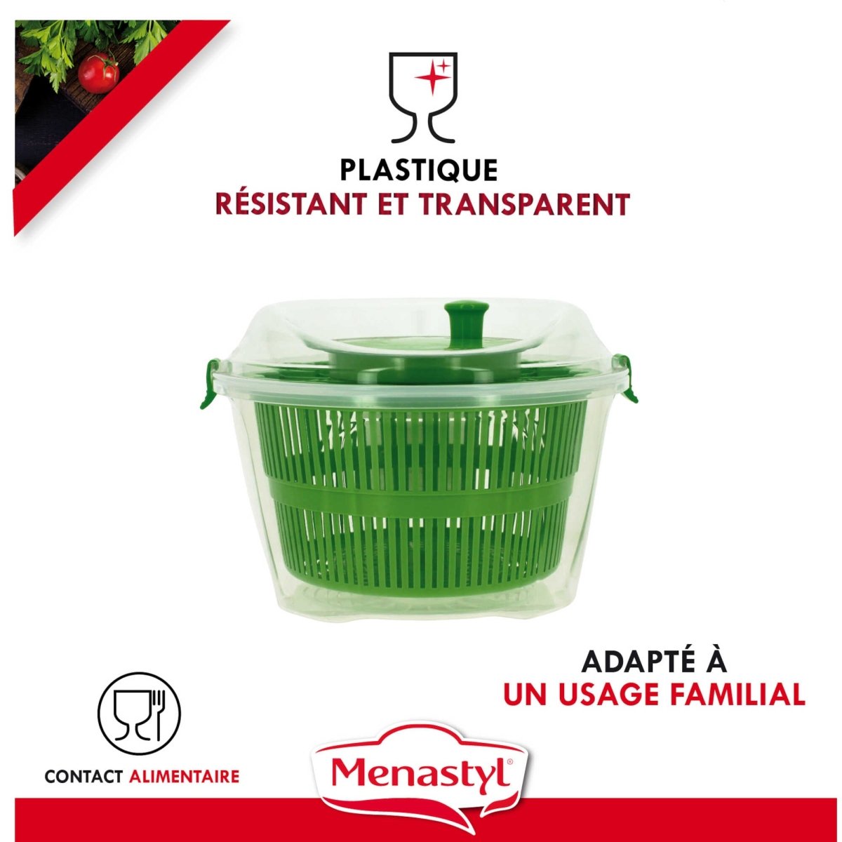 Essoreuse à salade verte 25cm avec panier ajouré et couvercle transparent, plastique résistant contact alimentaire