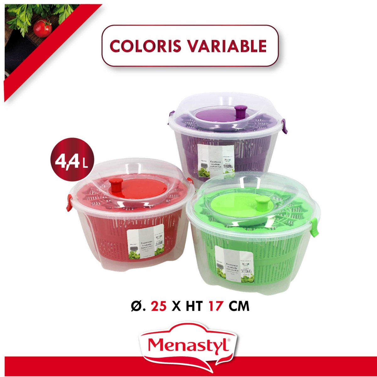 Trois essoreuses à salade 4,4L coloris rouge, vert et violet avec couvercles transparents, diamètre 25cm