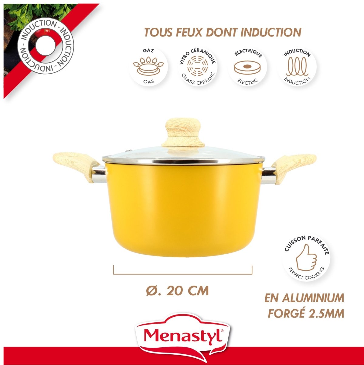 Faitout Colorama 20 cm jaune en aluminium forgé avec couvercle verre et poignées bois, compatible tous feux dont induction