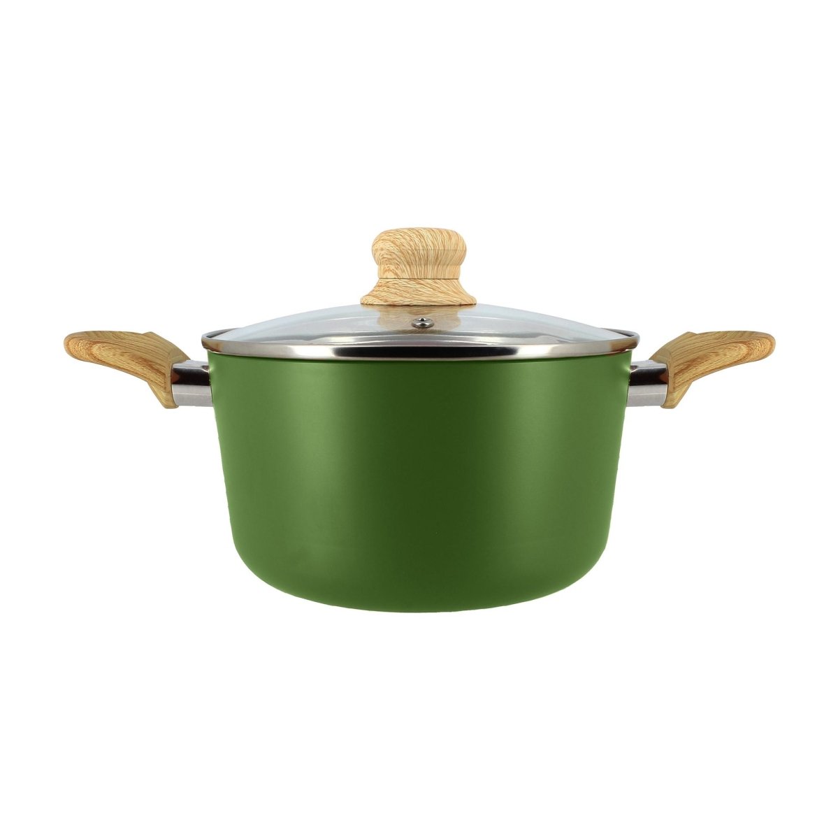 Faitout Colorama 20 cm vert avec couvercle verre et poignées effet bois, vue de face sur fond blanc
