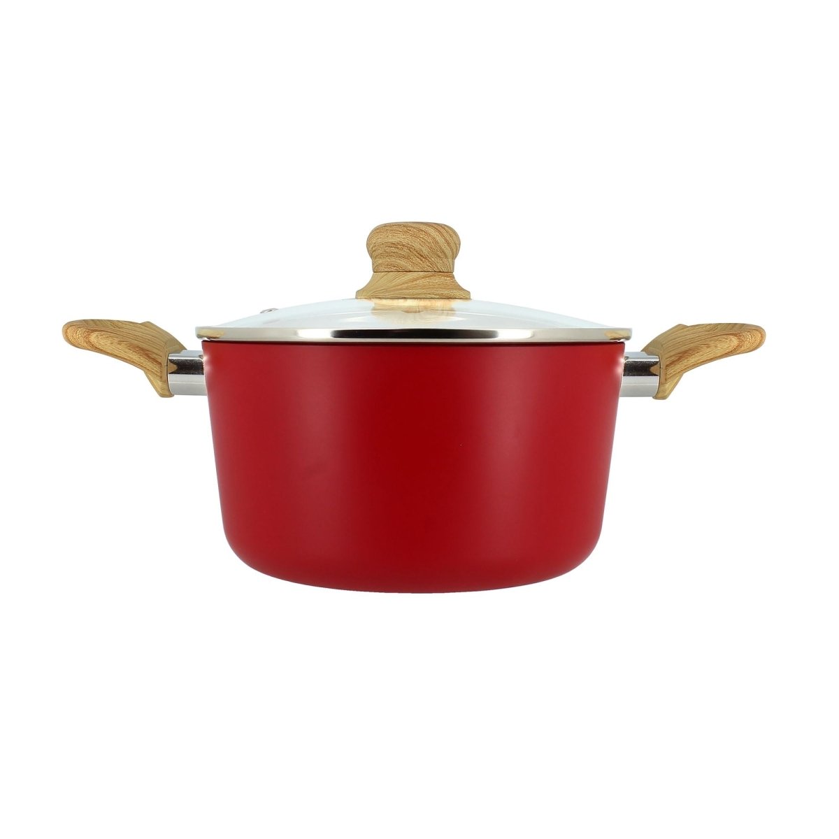 Faitout Colorama 20 cm rouge avec couvercle verre et poignées bois, vue de profil sur fond blanc