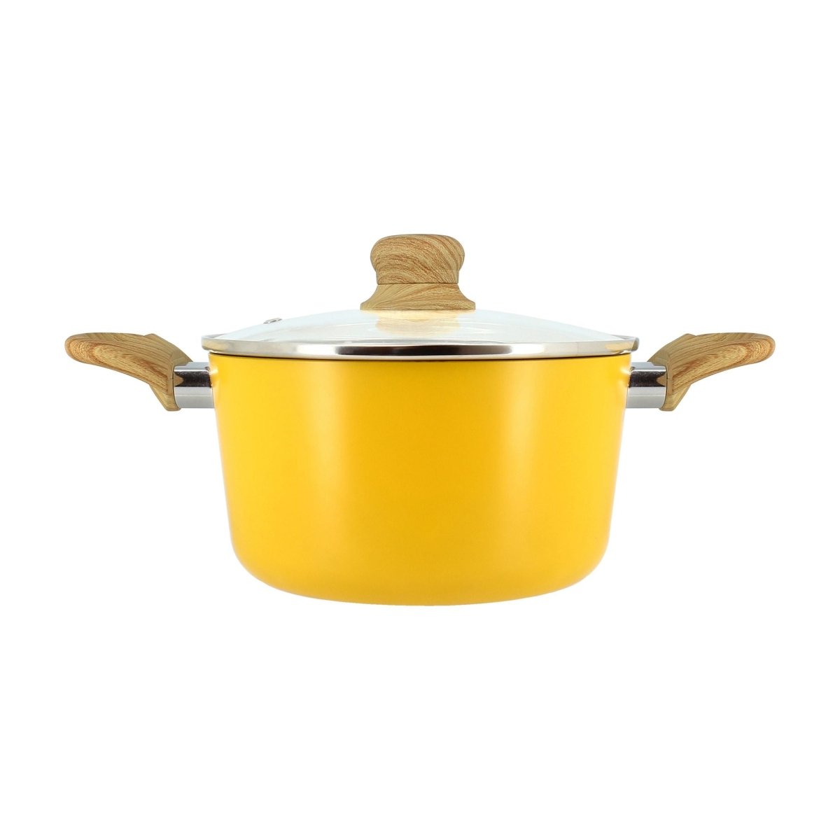 Faitout Colorama 20 cm jaune avec couvercle en verre et poignées effet bois, fond blanc