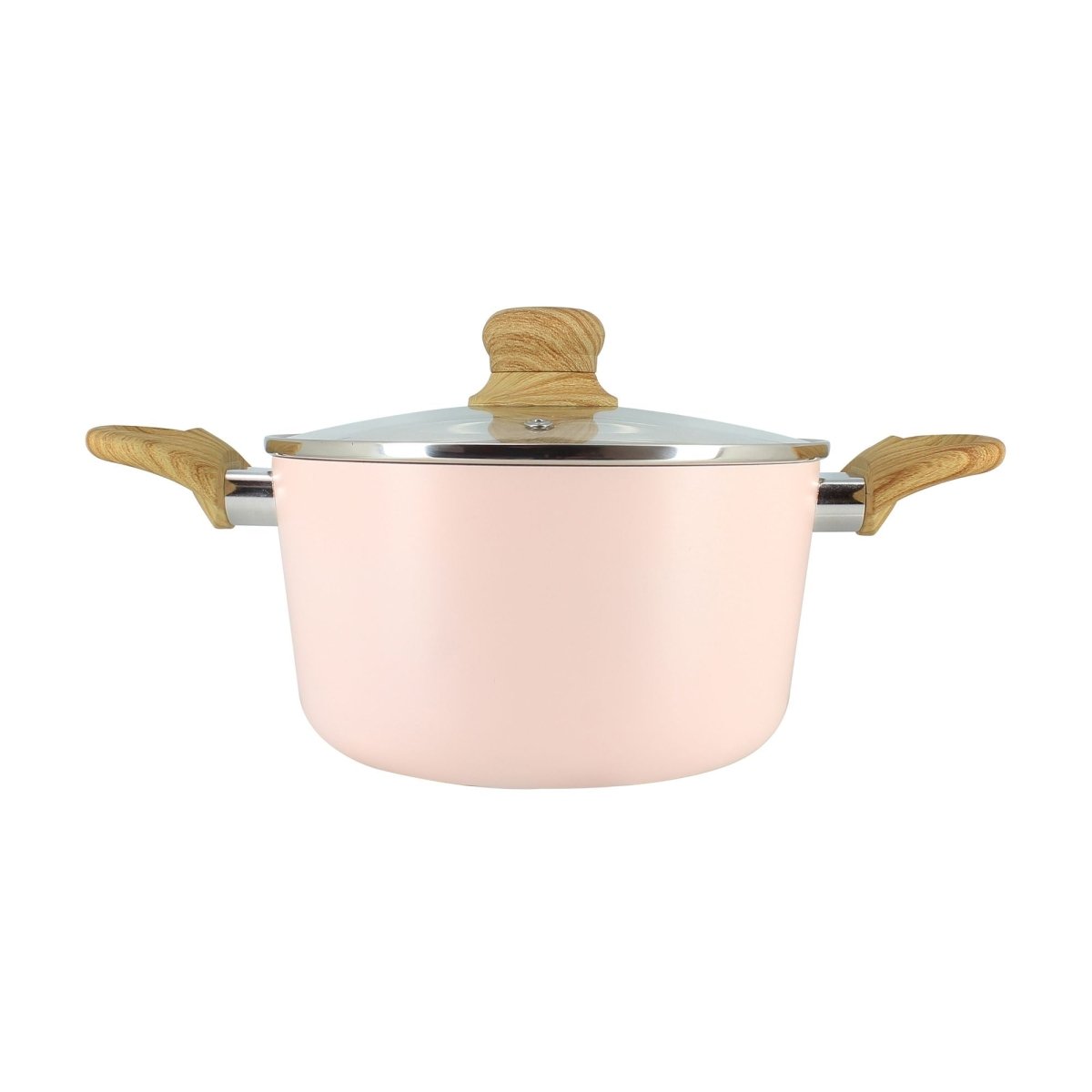 Faitout Colorama 20 cm rose poudré avec couvercle en verre et poignées effet bois, vue de face sur fond blanc