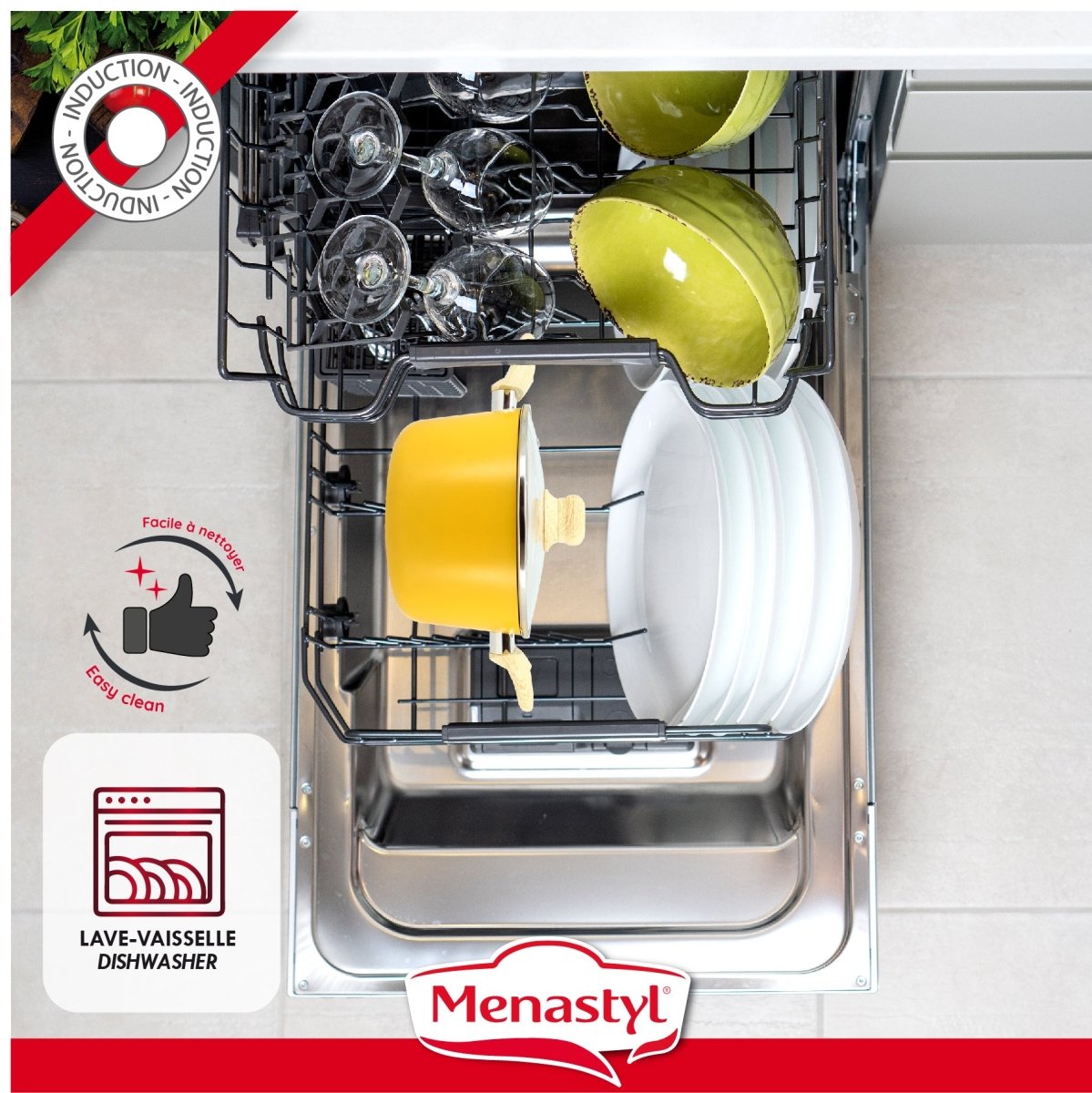 Faitout Colorama jaune avec couvercle et plats colorés dans lave-vaisselle ouvert, compatible induction
