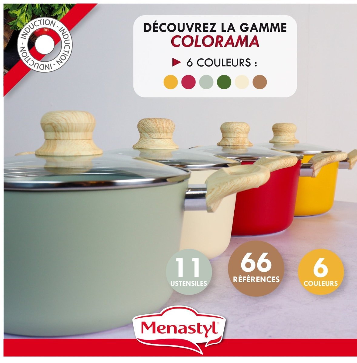 Collection de 6 faitouts Colorama en aluminium avec couvercles inox et poignées bois, gamme complète de couleurs pastel et vives
