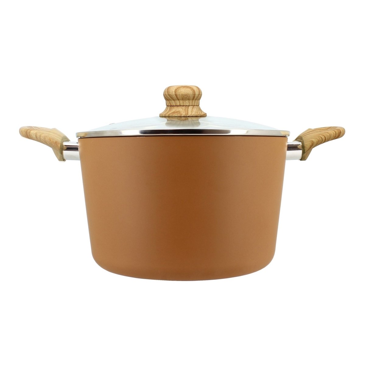 Faitout Colorama 24 cm couleur caramel avec couvercle en verre et poignées en bois, vue de face sur fond blanc