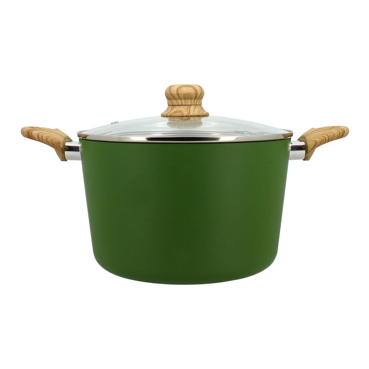 Faitout Colorama 24cm vert avec couvercle verre et poignées bois, vue de face sur fond blanc