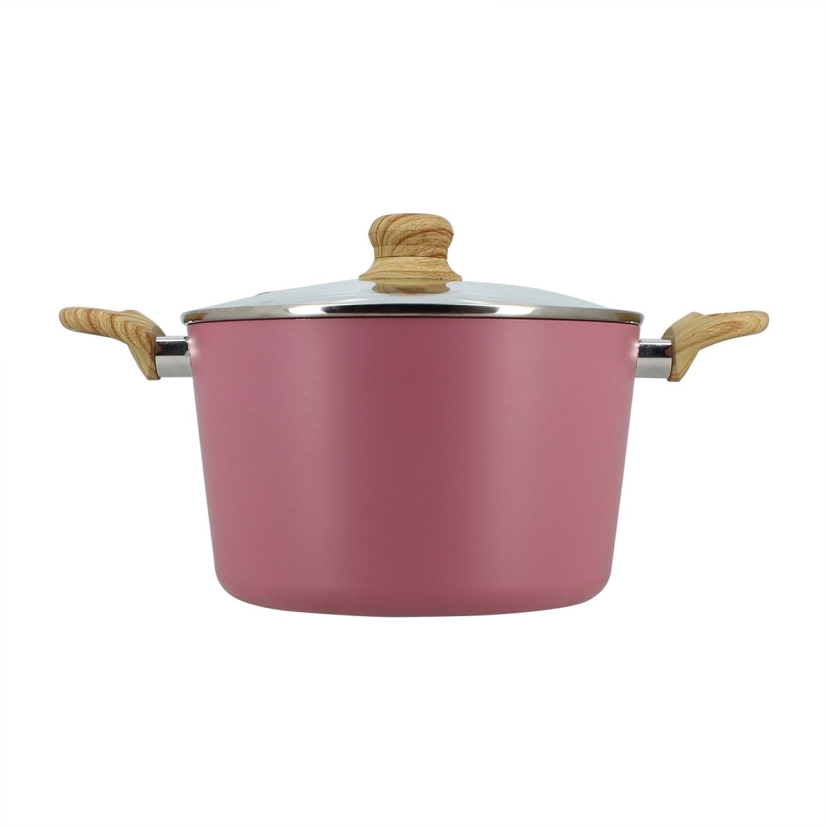 Faitout Colorama 24 cm rose avec couvercle en verre et poignées bois, vue de face sur fond blanc