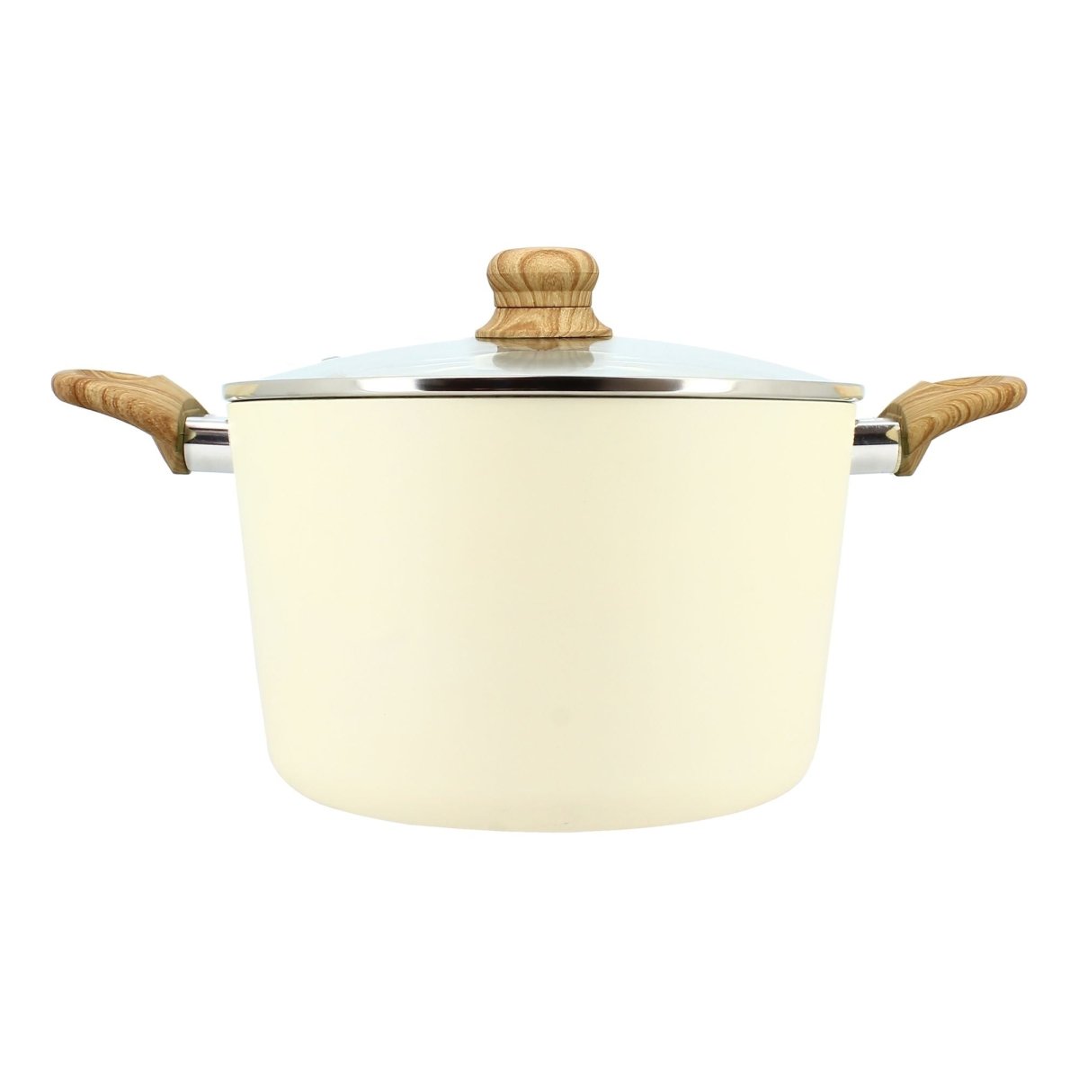 Faitout Colorama 24 cm beige crème avec couvercle en verre et poignées bois, vue de profil sur fond blanc