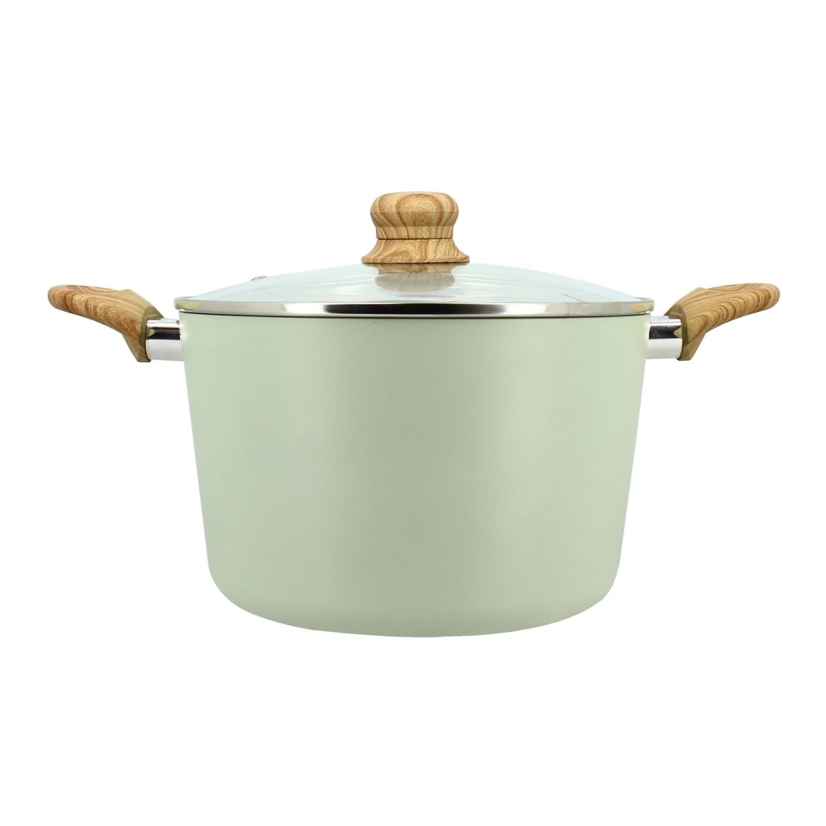 Faitout Colorama Menastyl 24 cm vert pastel avec couvercle en verre et poignées bois, vue de face sur fond blanc