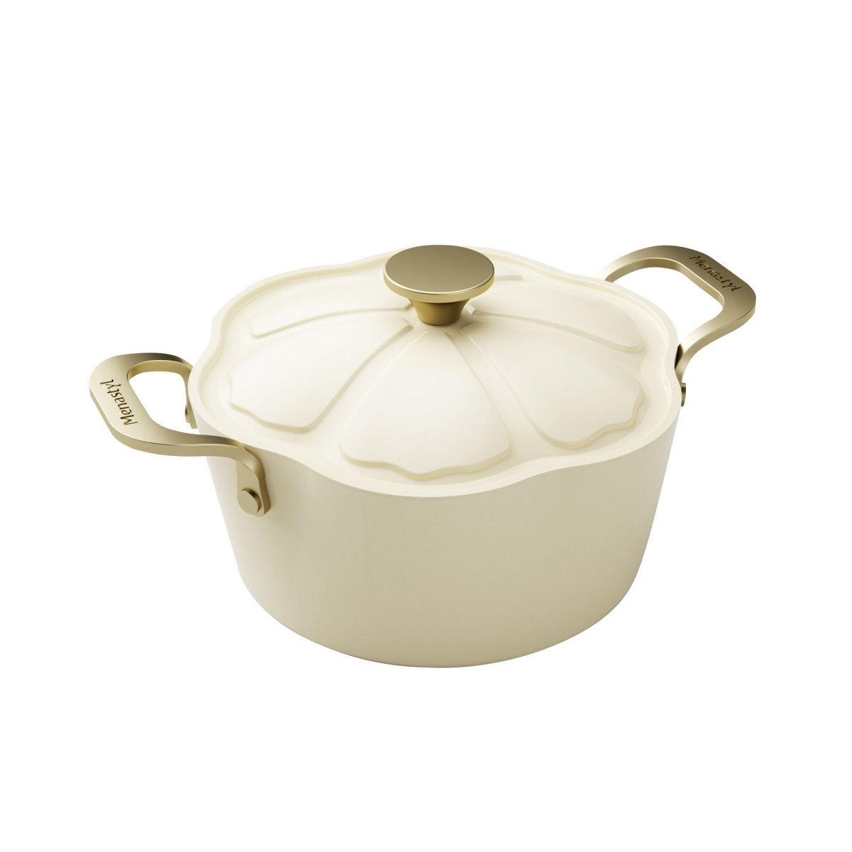 Faitout Dahlia 24 cm Menastyl beige en aluminium recyclé avec couvercle et poignées dorées, vue principale