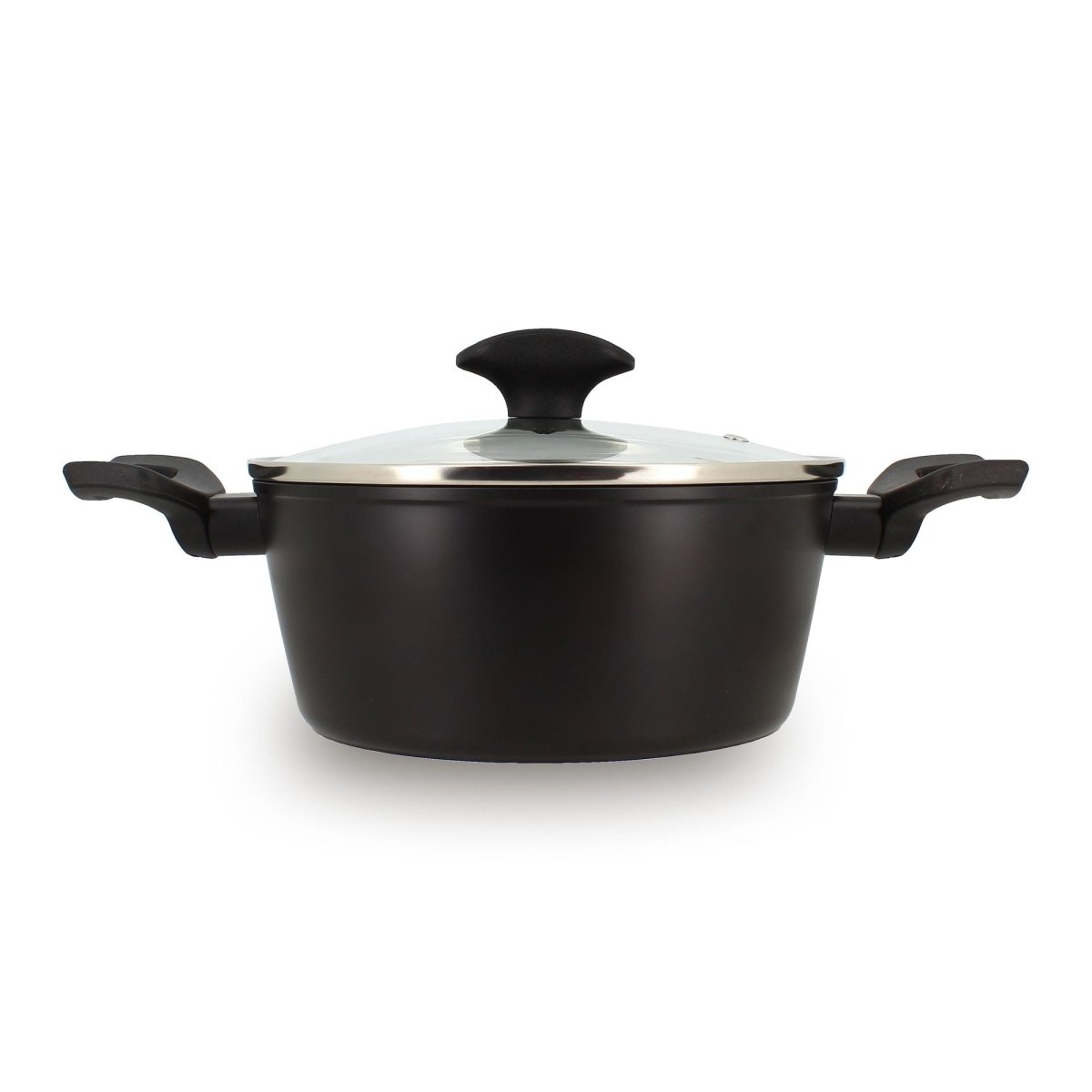 Faitout First 20 cm Menastyl en aluminium noir avec couvercle en verre et poignées, vue de face sur fond blanc