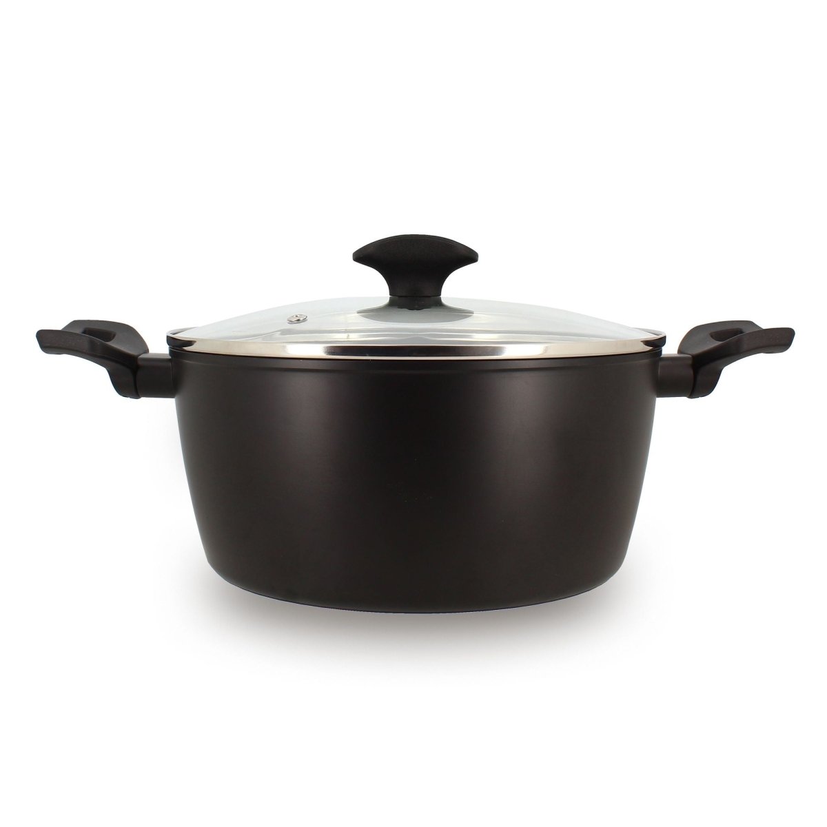 Faitout First 24 cm en aluminium noir avec couvercle en verre et poignées bakelite Menastyl, vue de face