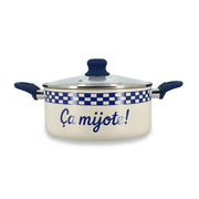 Faitout Ginette 24cm crème et bleu à motif damier Menastyl, avec couvercle en verre et poignées bleues